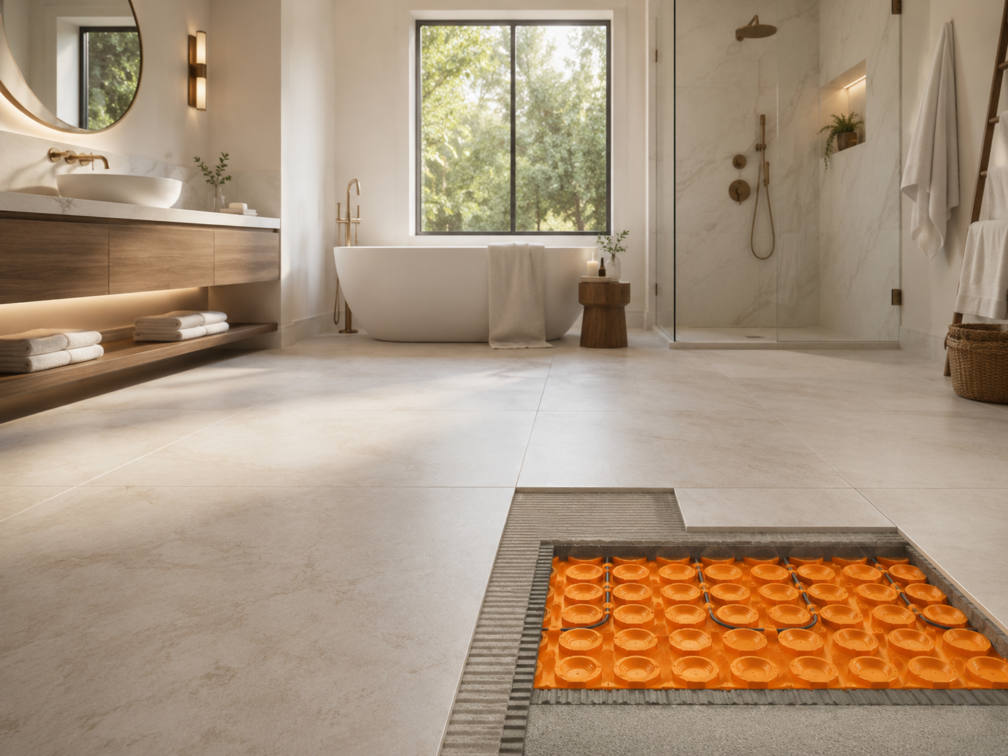 Schluter DITRA-HEAT in-floor heating shown beneath a modern spa bathroom tile floor