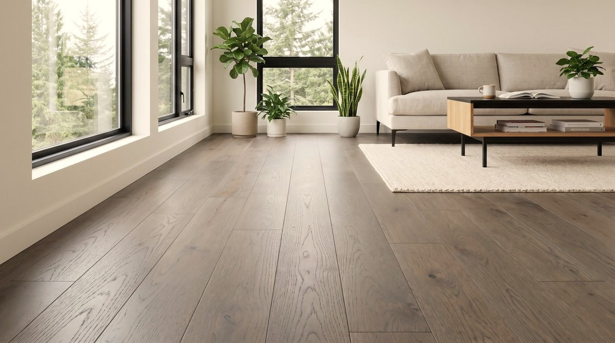 Virgil engineered oak hardwood in a bright living room