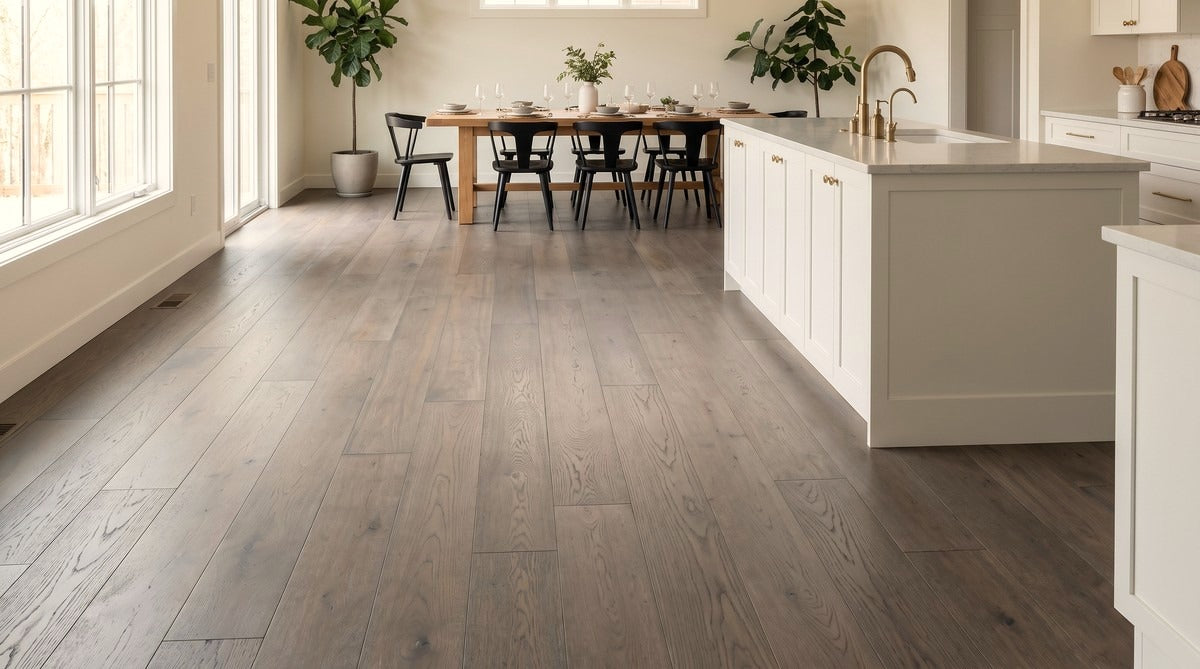 Virgil engineered oak hardwood in an open kitchen and dining room