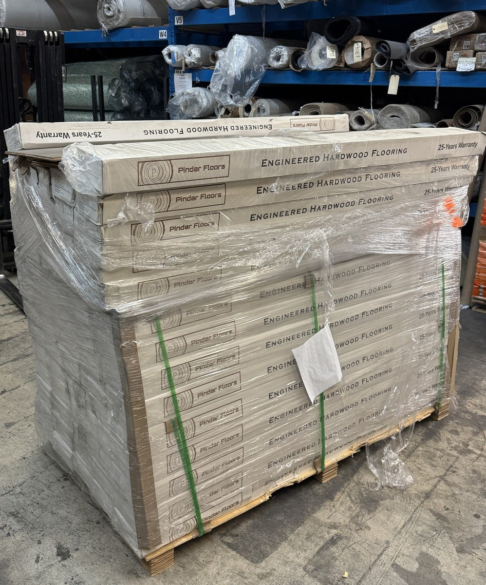 The full Virgil overstock lot: one pallet of Pindar Floors engineered hardwood cartons