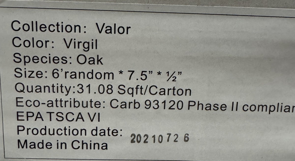 Carton label: Valor collection, Virgil, oak, 6 ft random x 7.5 in x 1/2 in, 31.08 sq ft per carton