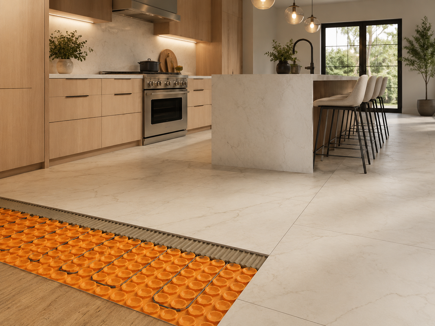 DITRA-HEAT under-tile heating installed in a modern kitchen