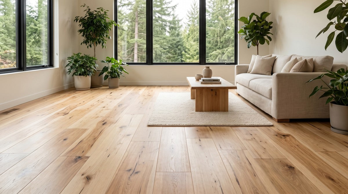 Natural hickory floor in a bright living room