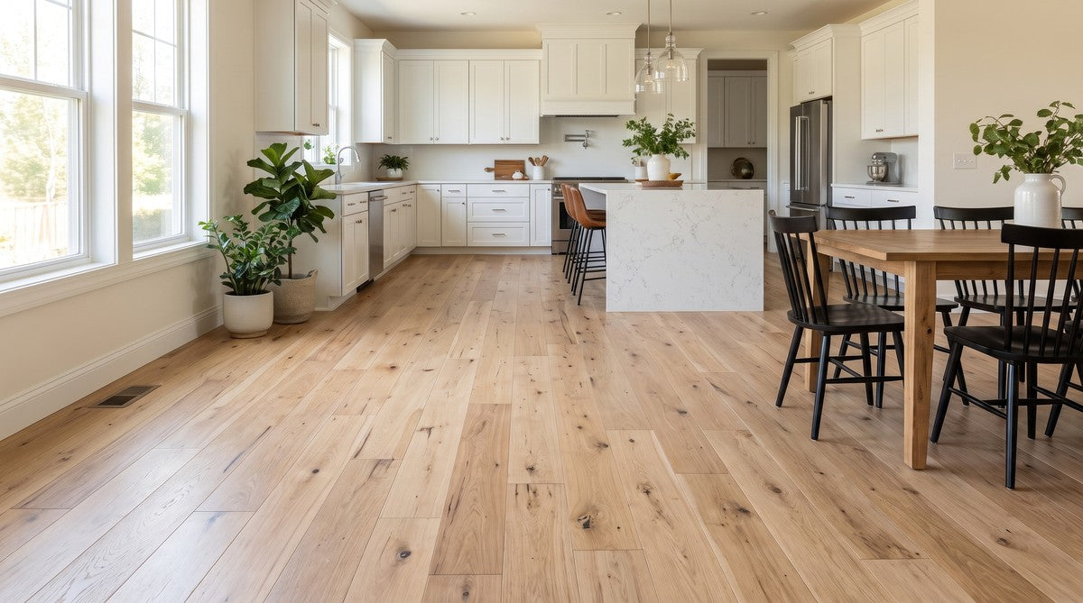 Natural hickory floor in an open kitchen and dining room
