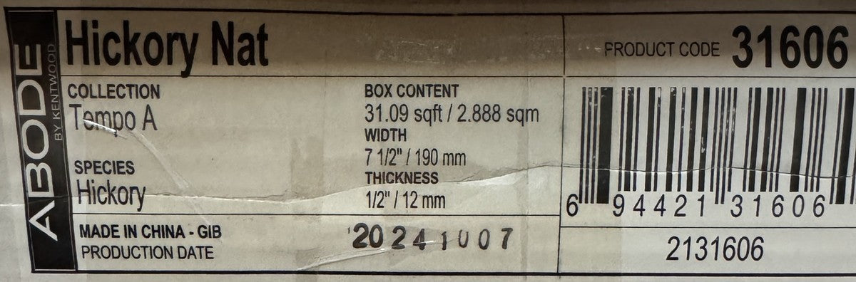 Carton label: Abode by Kentwood, Hickory Nat, Tempo, 31.09 sq ft, 7 1/2 in, 1/2 in