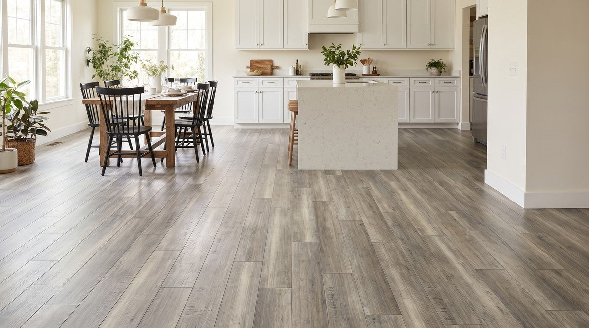 Himalaya grey maple floor in an open kitchen and dining room