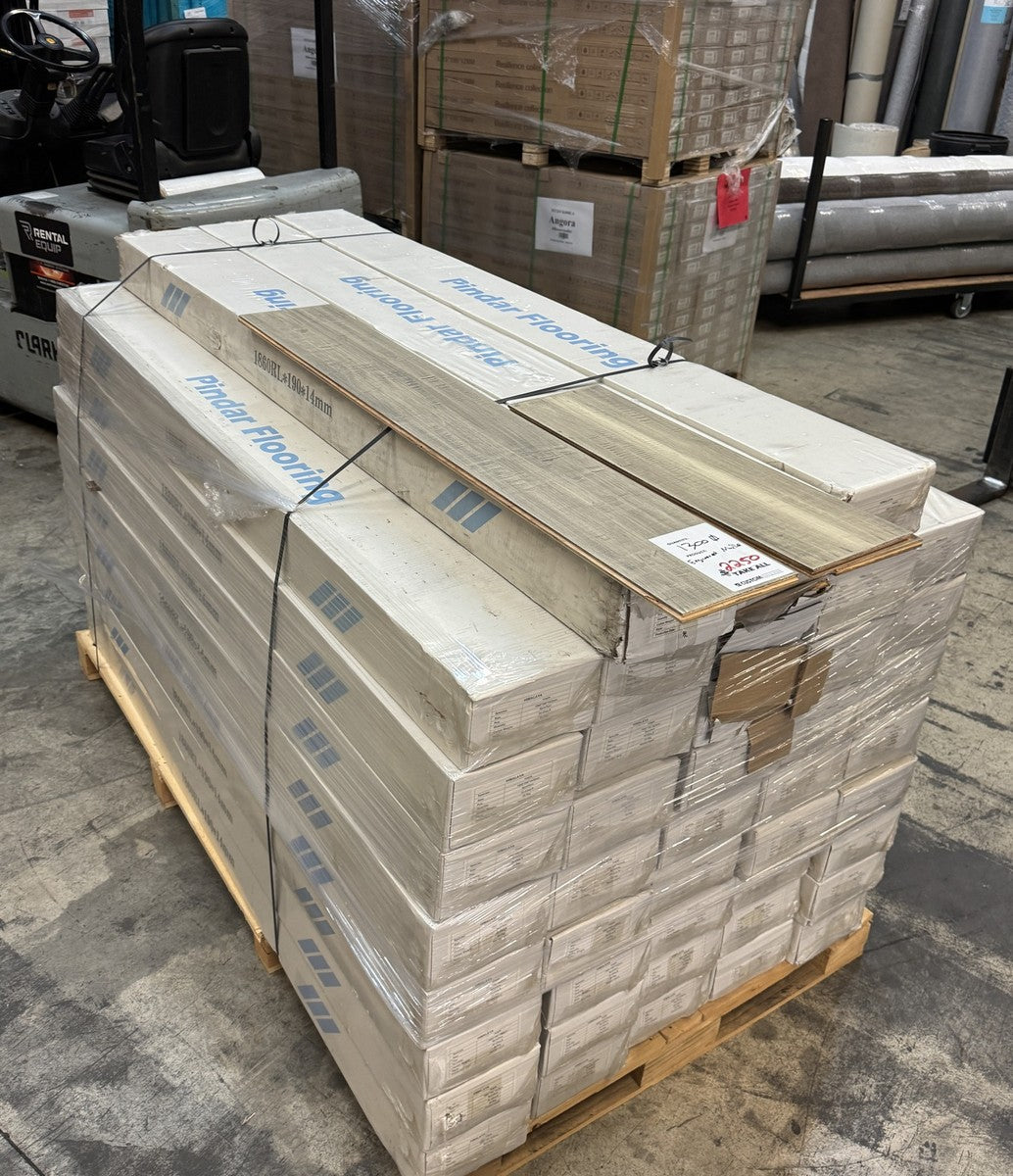 The full Himalaya overstock lot: one pallet of Pindar Flooring cartons