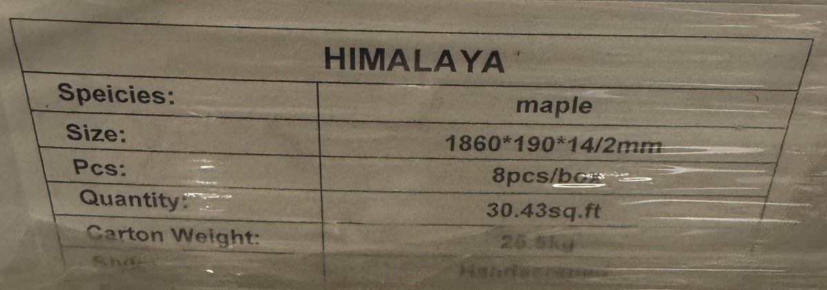 Carton label: Himalaya, maple, 1860 x 190 x 14/2 mm, 8 pcs, 30.43 sq ft per box