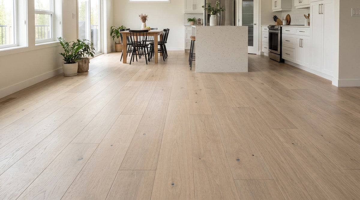 Kitsilano oak floor in an open kitchen and dining room