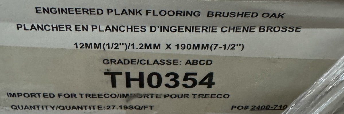 Carton label: engineered plank flooring, brushed oak, 12 mm / 1.2 mm x 190 mm, grade ABCD