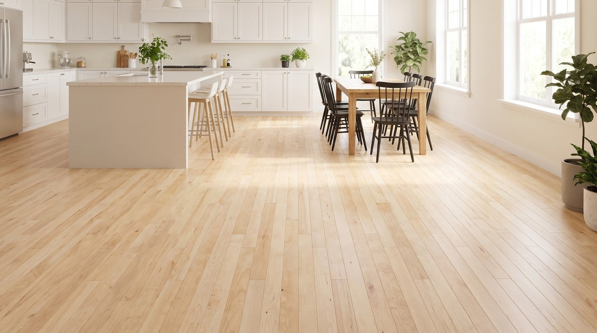 Natural maple floor in an open kitchen and dining room