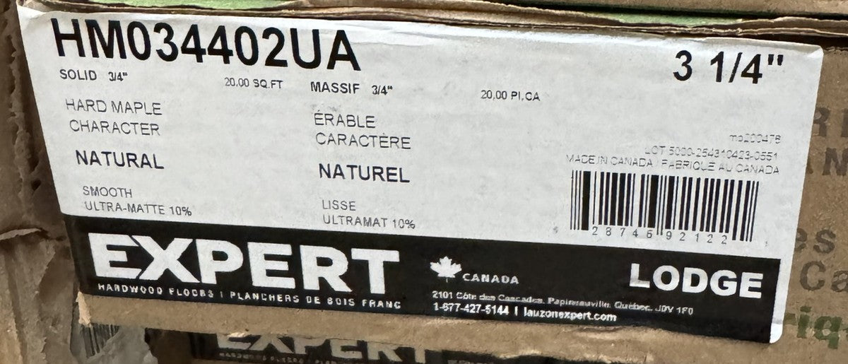 Carton label: Lauzon Expert Lodge, solid 3/4 in hard maple character, natural, 3 1/4 in, 20 sq ft