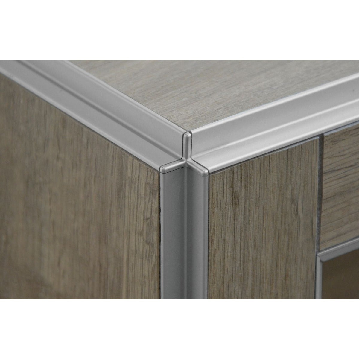 Schluter® INDEC Recess Corner Trim, Anodized Aluminum, installed