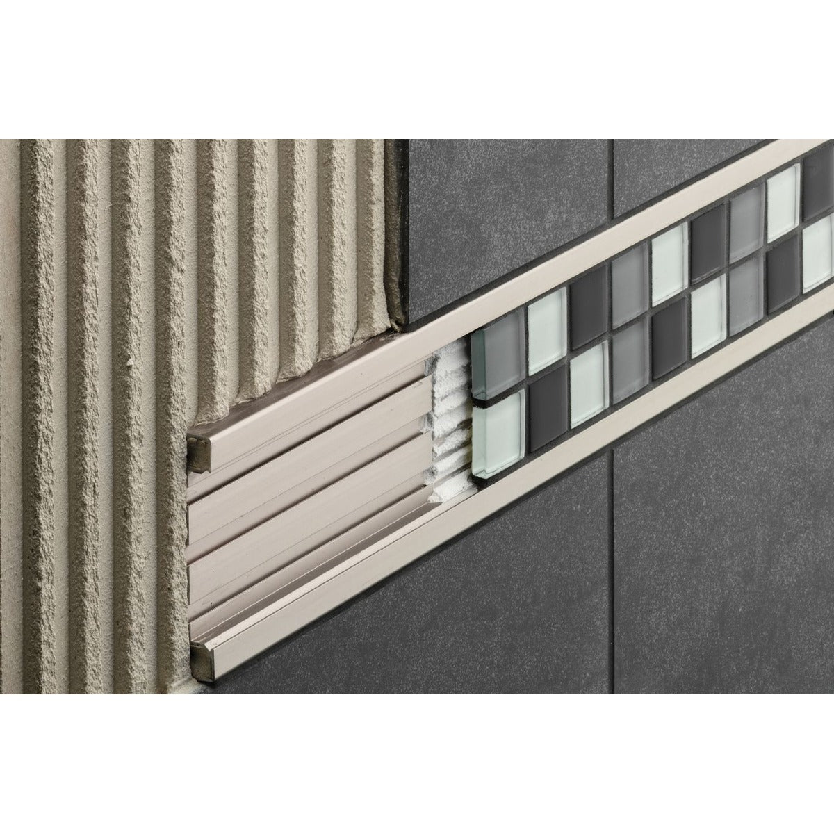 Schluter® QUADEC-FS Deco Profile, Anodized Aluminum, installed
