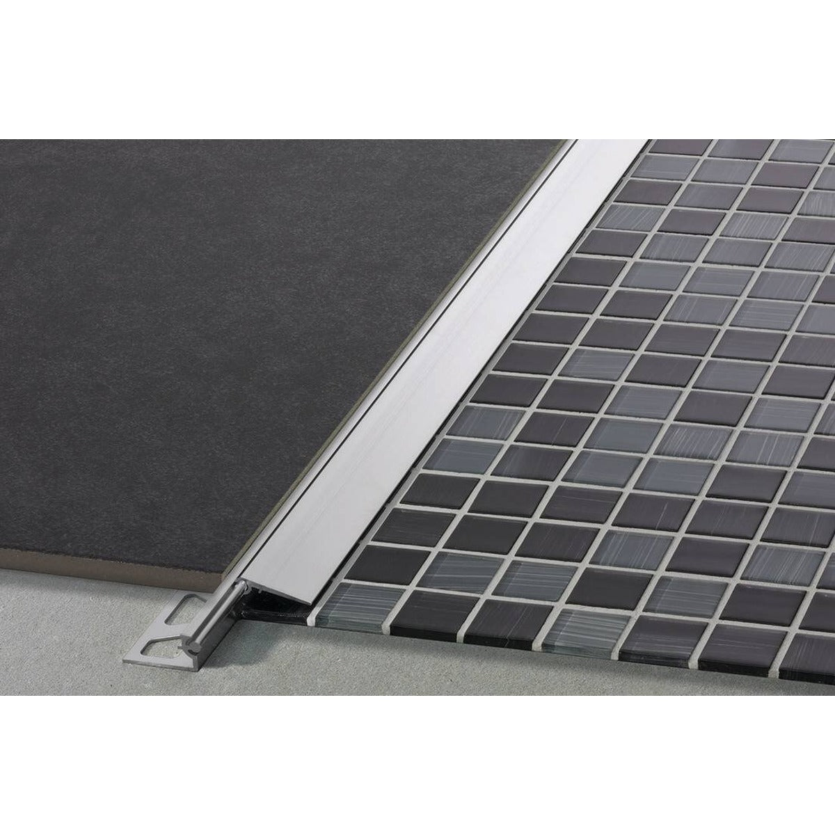 Schluter® RENO-VB Variable Transition Leg, Anodized Aluminum, installed