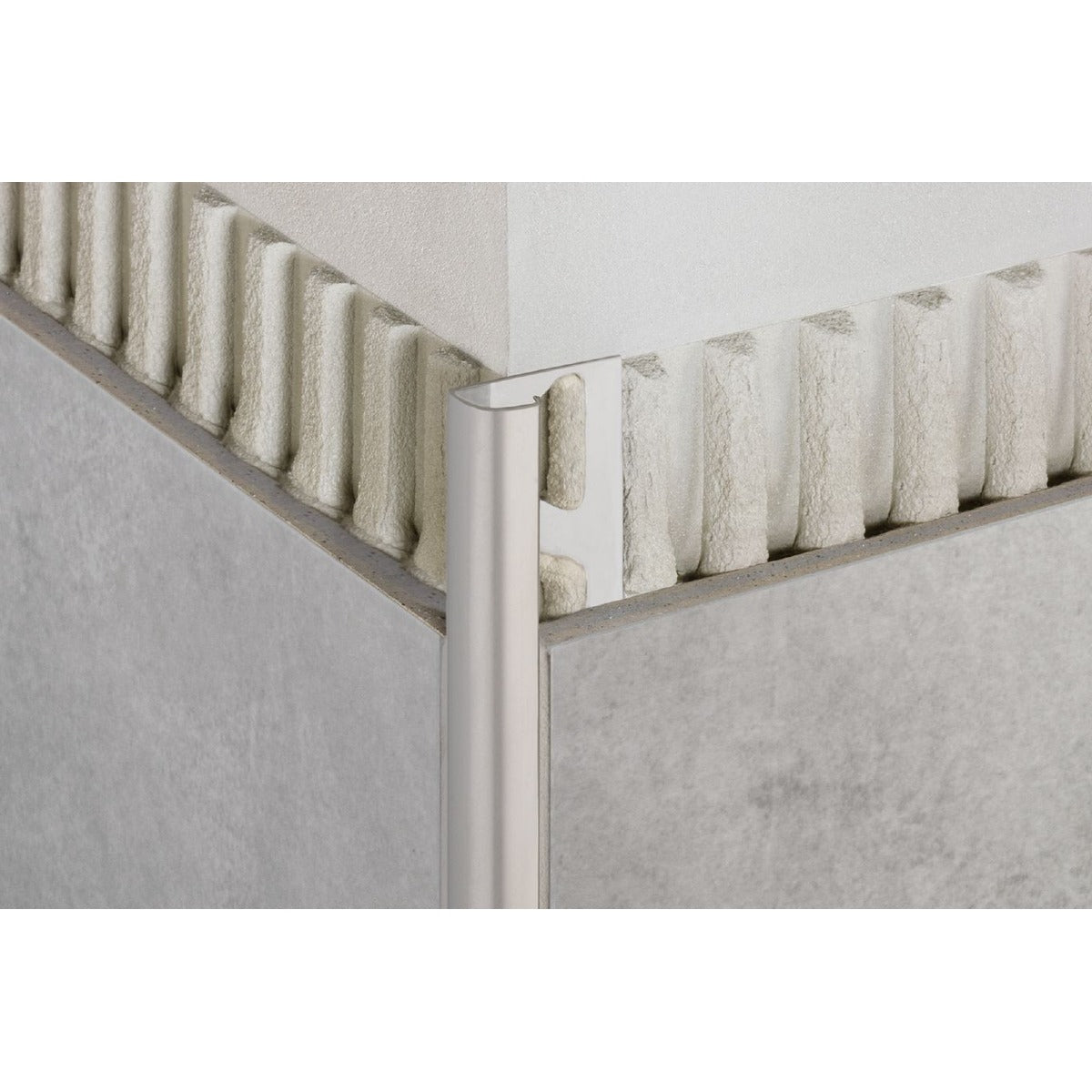 Schluter® RONDEC Bullnose Trim, Stainless Steel, installed