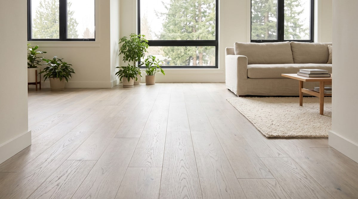 Snowflake white oak floor in a bright living room