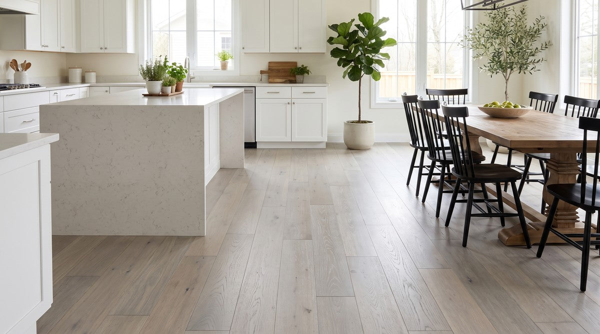 Snowflake white oak floor in an open kitchen and dining room