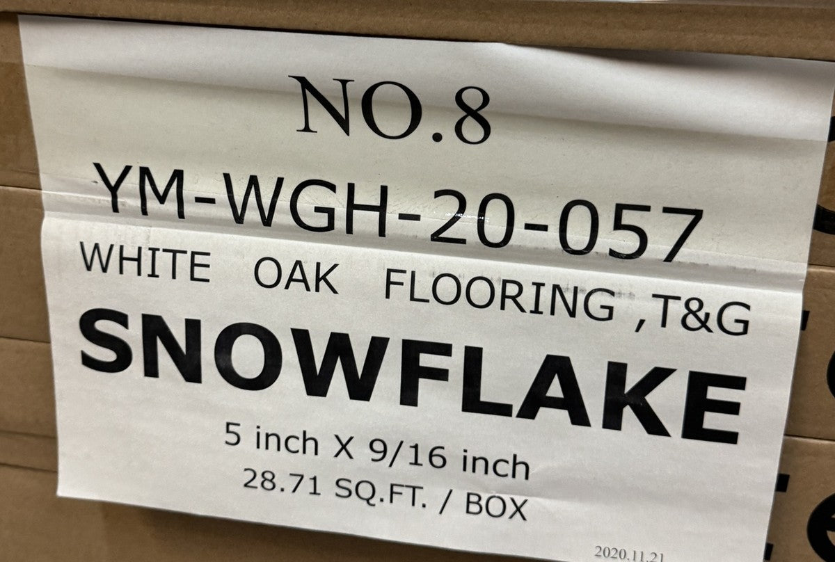 Carton label: white oak flooring, T&G, Snowflake, 5 in x 9/16 in, 28.71 sq ft per box