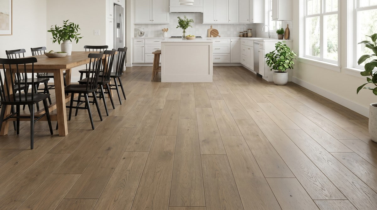 Vinson white oak floor in an open kitchen and dining room