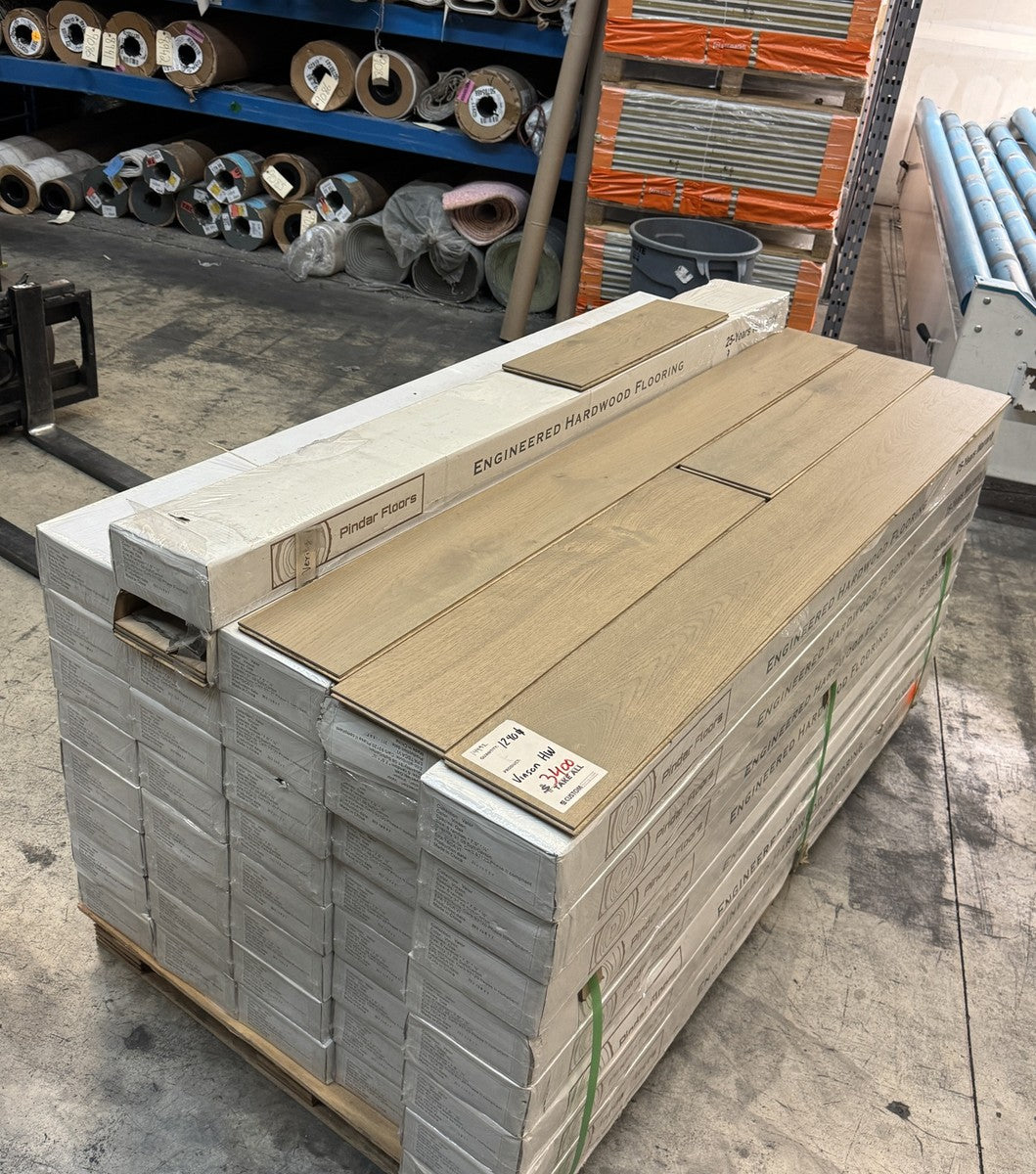 The full Vinson overstock lot: one pallet of Pindar Floors cartons